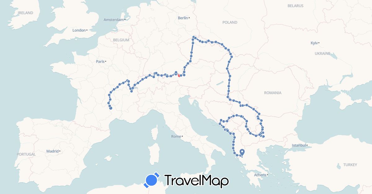 TravelMap itinerary: driving, cycling, hiking in Albania, Austria, Bosnia and Herzegovina, Bulgaria, Switzerland, Czech Republic, Germany, France, Greece, Croatia, Hungary, Montenegro, Macedonia, Poland, Serbia, Slovakia (Europe)